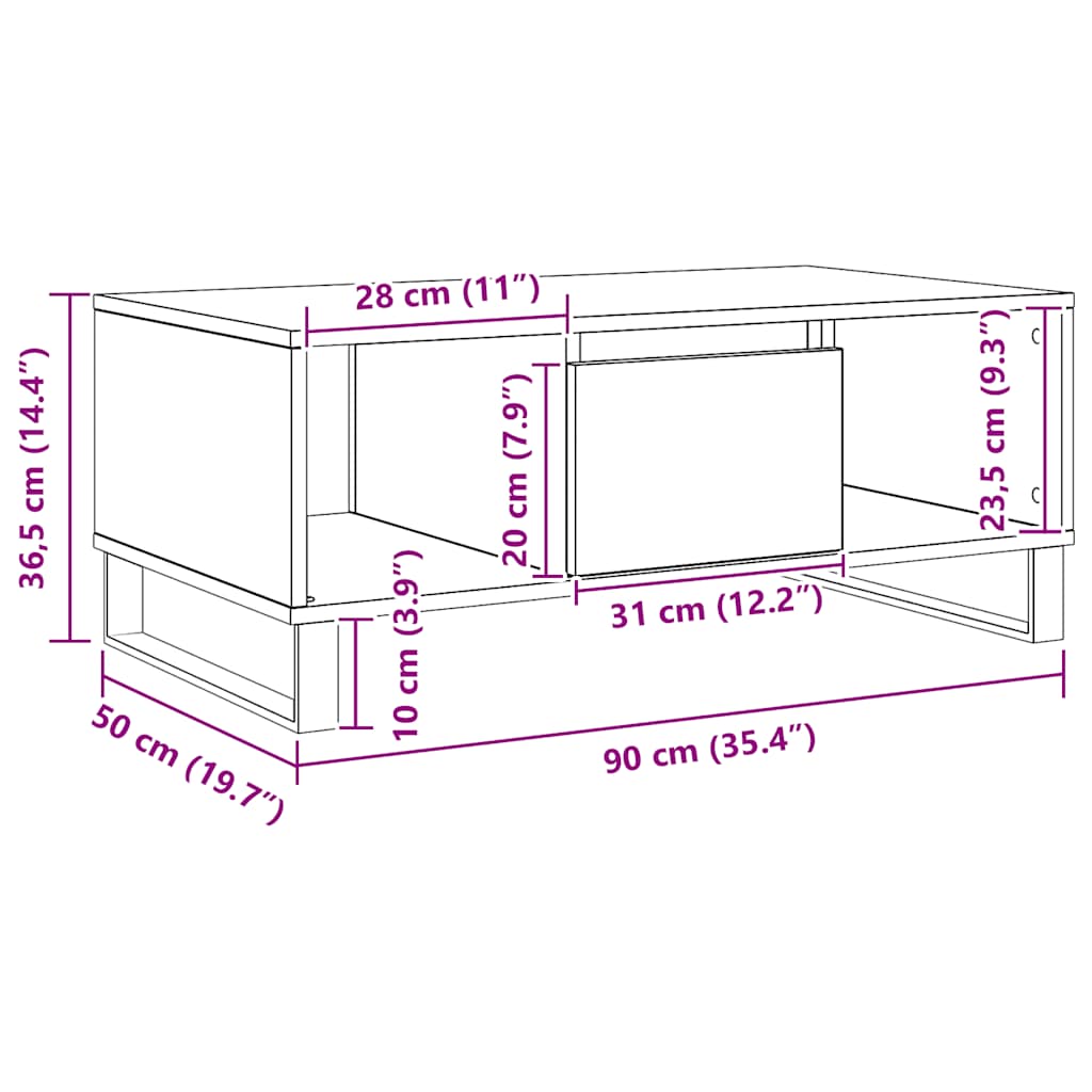 Tavolino da Salotto Rovere Artigianale 90x50x36,5 cm Truciolato