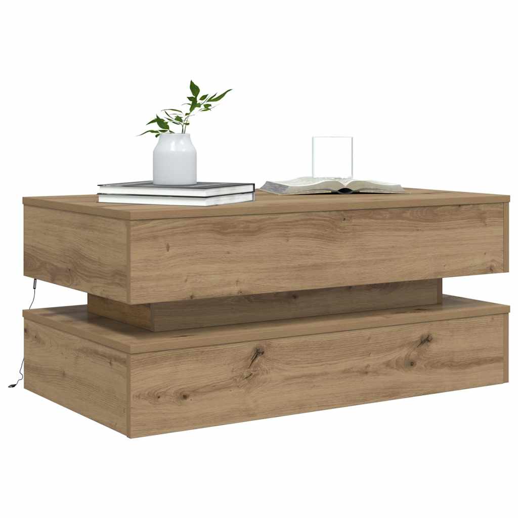 Tavolino da Salotto con Luci LED Rovere Artigianale 90x50x40 cm | homemem39