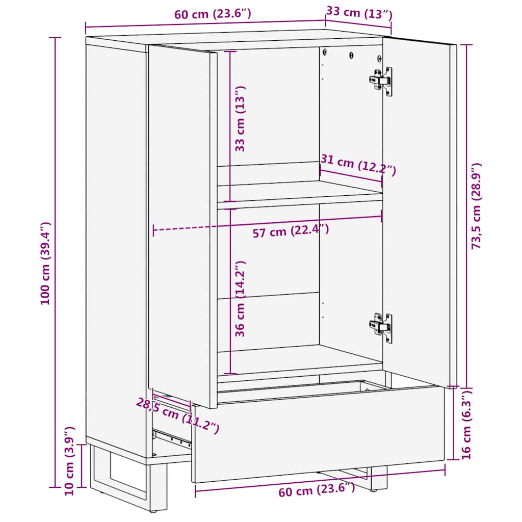 Credenza Nera 60x33x100 cm in Legno Massello di Mango - homemem39