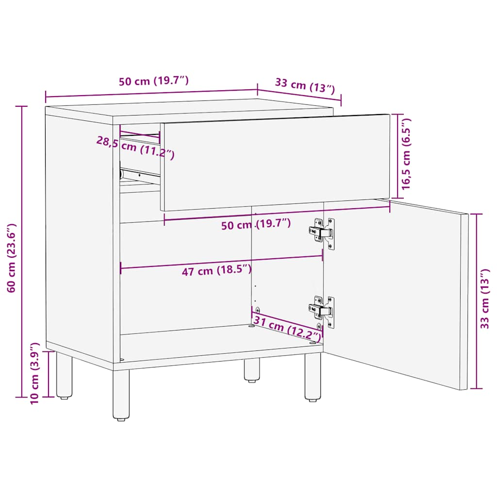 Comodino Marrone 50x33x60 cm in Legno Massello di Mango