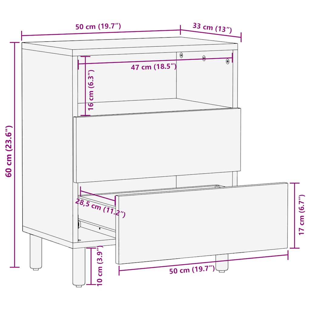Comodino Marrone 50x33x60 cm in Legno Massello di Mango - homemem39