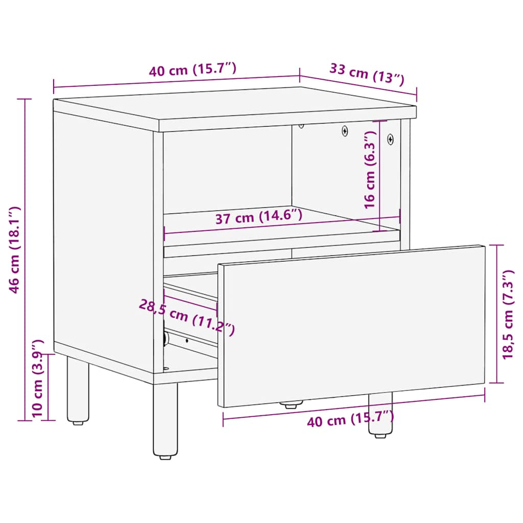 Comodino 40x33x46 cm in Legno Massello di Acacia