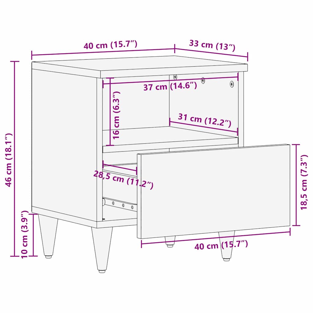 Comodino Nero e Oro 40 x 33 x 46 cm legno massello di mango