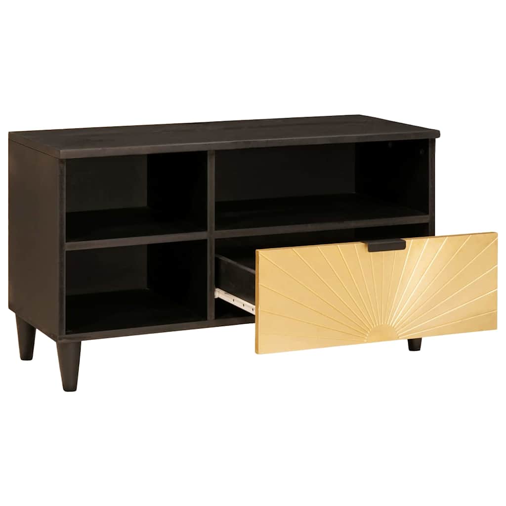 Mobile TV Nero e Oro 80 x 33 x 46 cm legno massello di mango