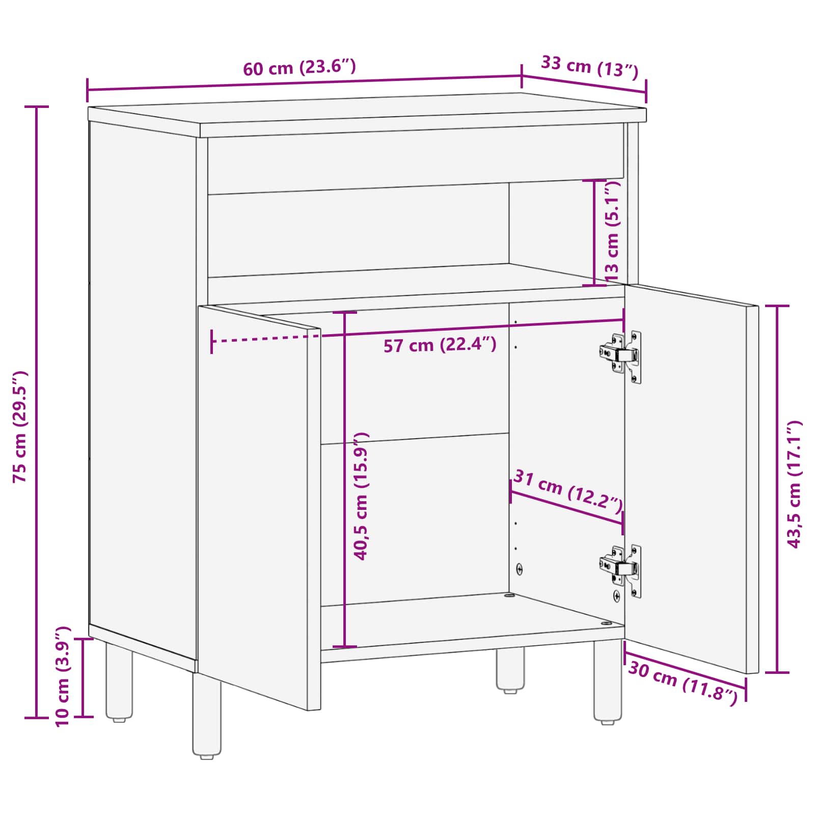 Credenza con porta Finitura Bianco Lavato 60 x 33 x 75 cm | homemem39