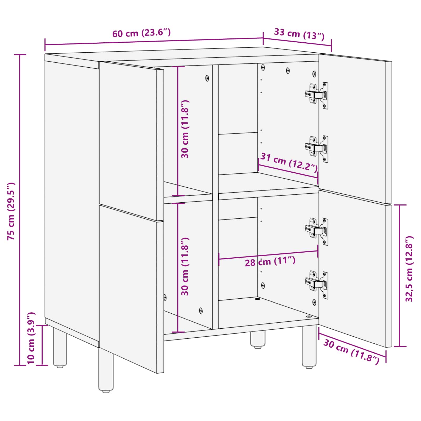 Credenza con porta Finitura Bianco Lavato 60 x 33 x 75 cm | homemem39