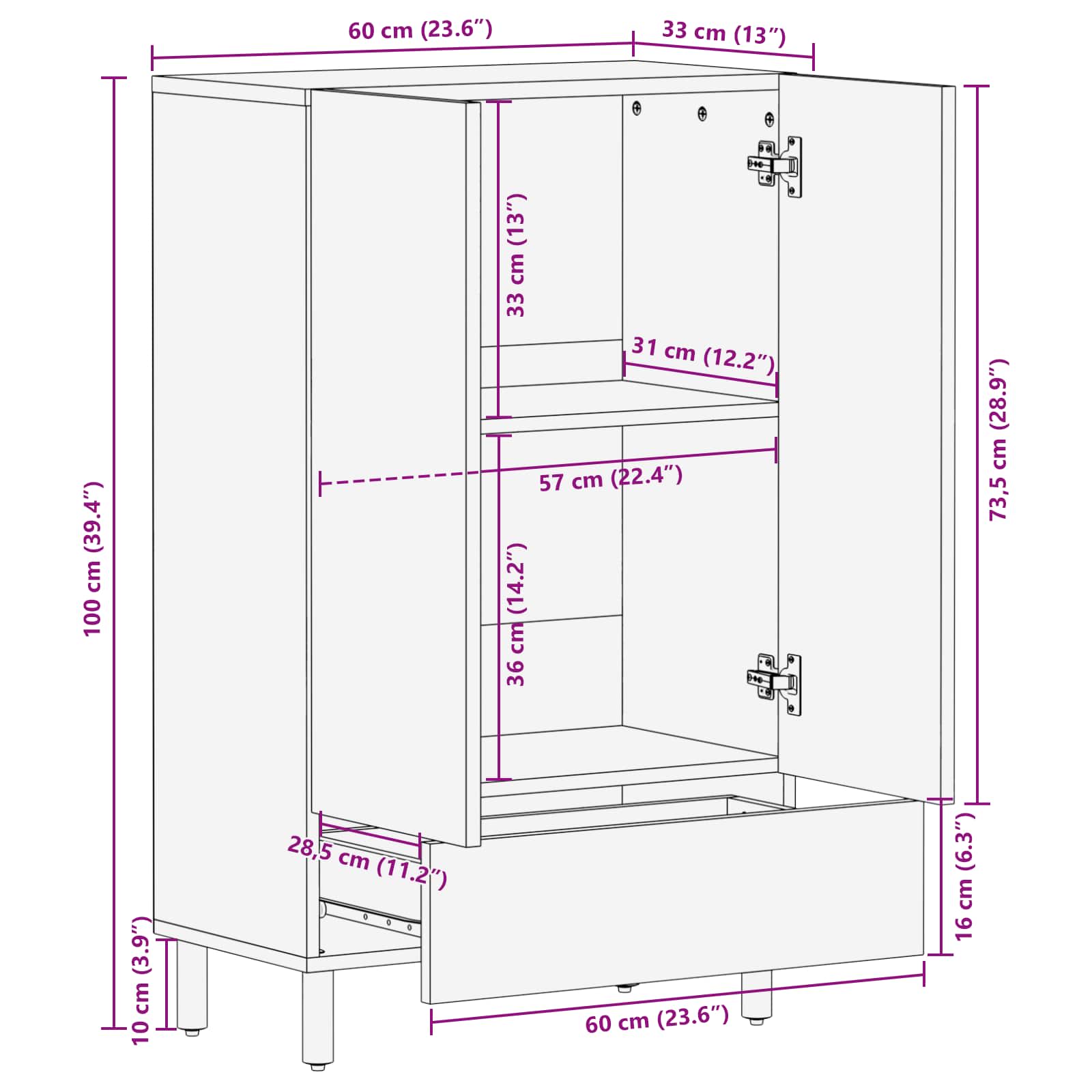 Credenza con cassetto Finitura Bianco Lavato 60 x 33 x 100 cm | homemem39