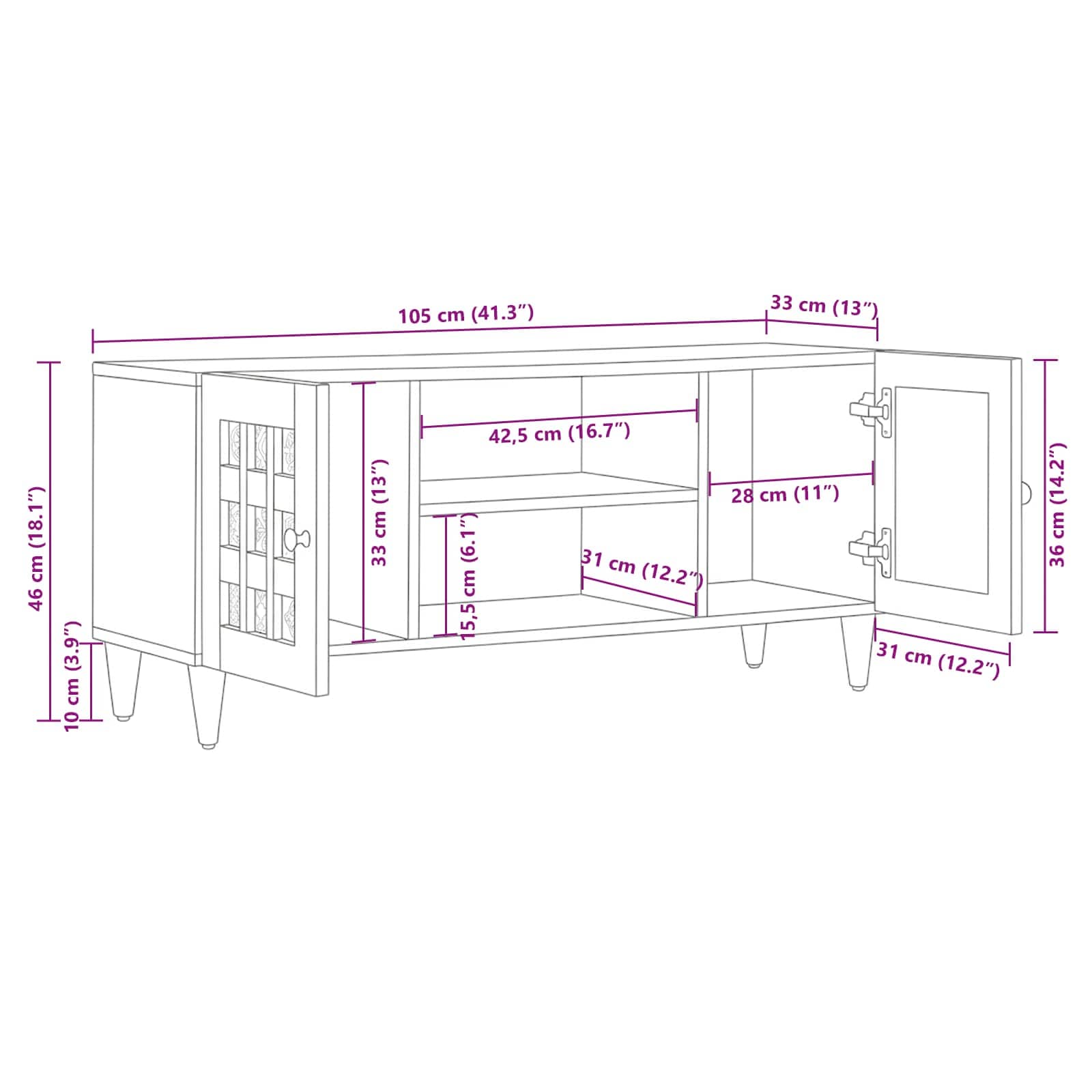 Mobile TV Naturale 105 x 33 x 46 cm Legno di mango massello | homemem39