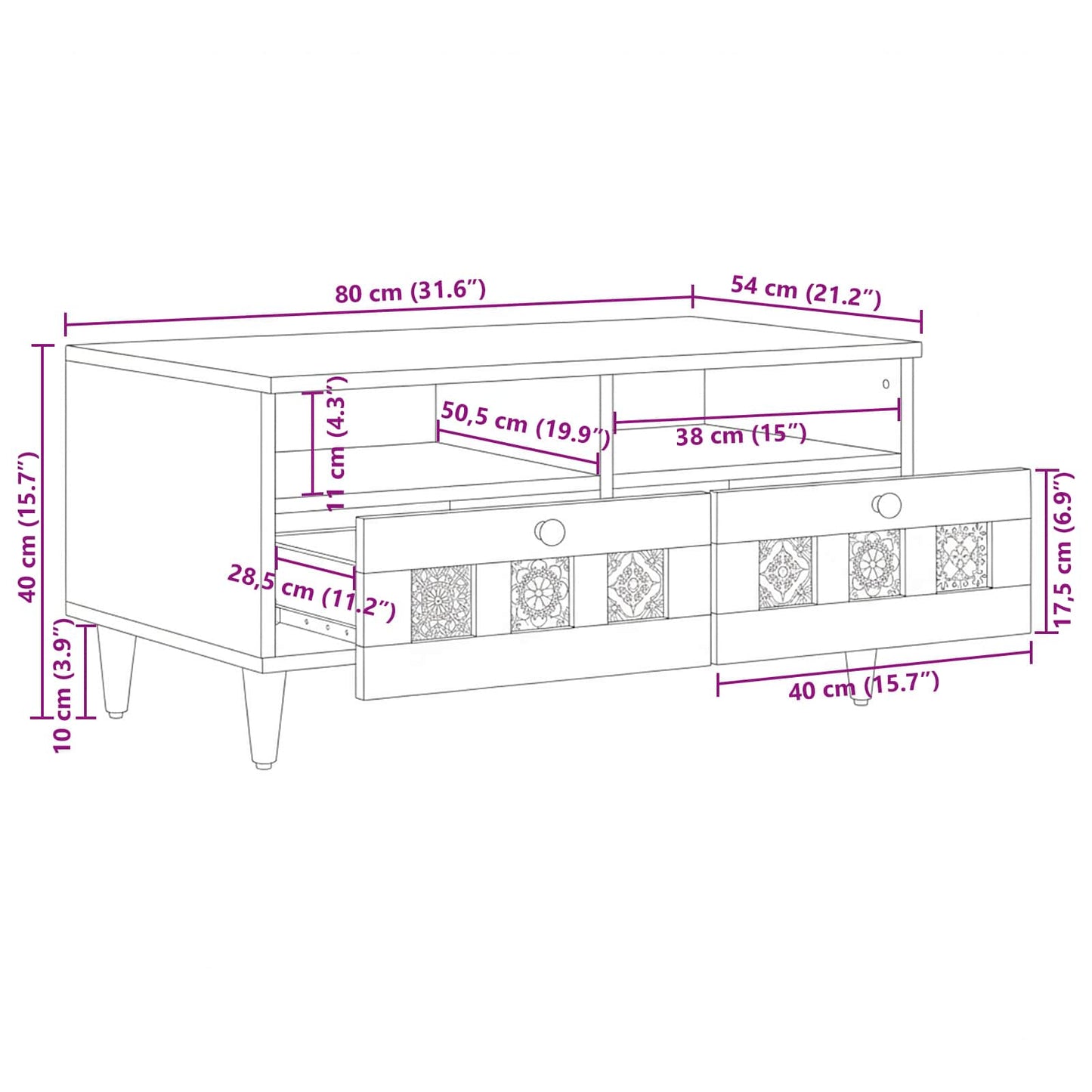Tavolino da salotto con cassetto Naturale 80 x 54 x 40 cm | homemem39