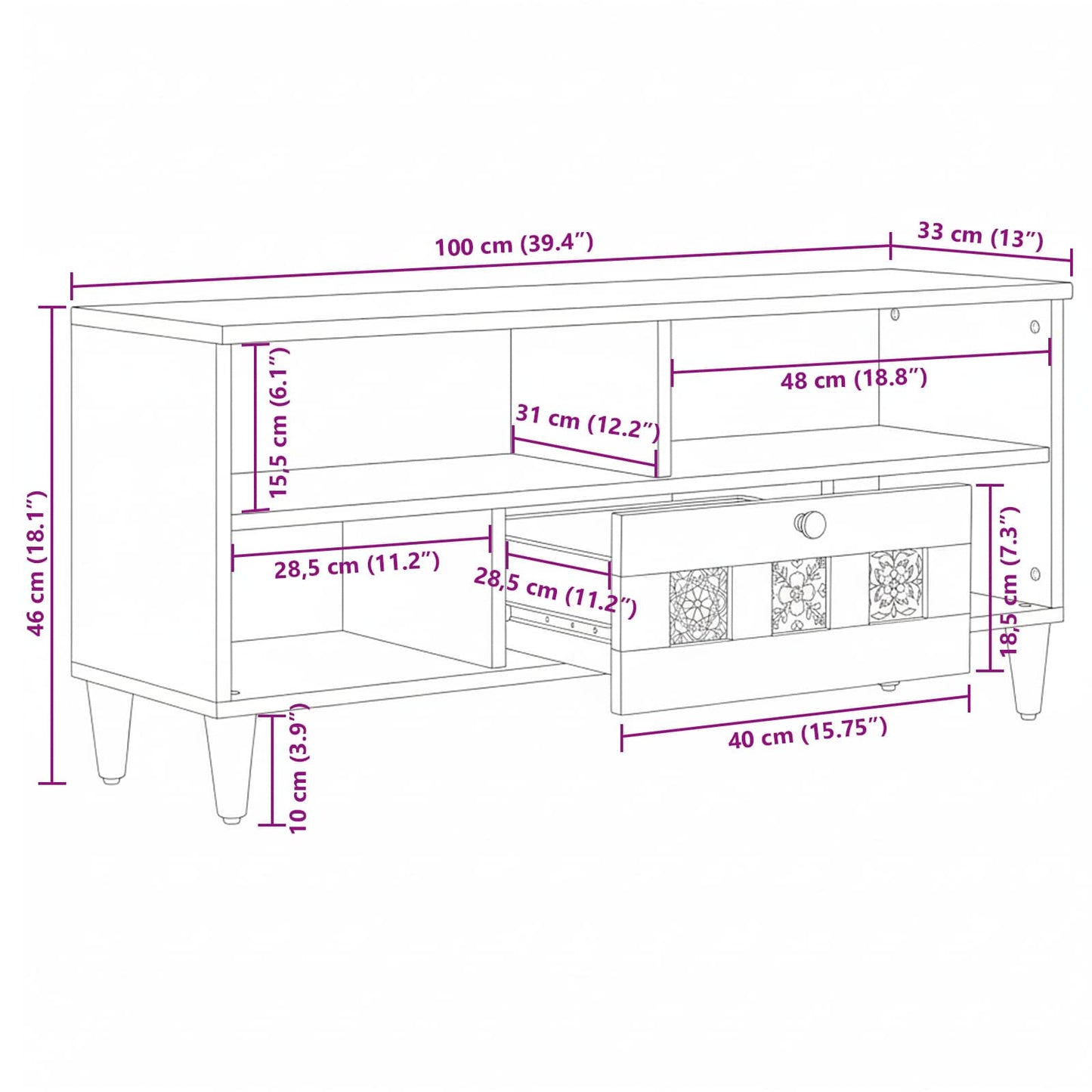 Mobile TV Naturale 100 x 33 x 46 cm Legno di mango massello | homemem39