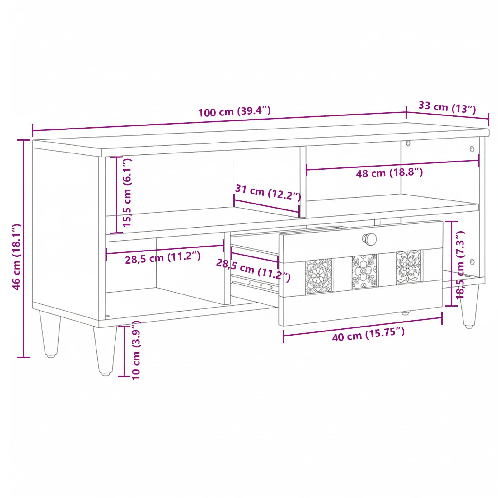Mobile TV Naturale 100 x 33 x 46 cm Legno di mango massello | homemem39