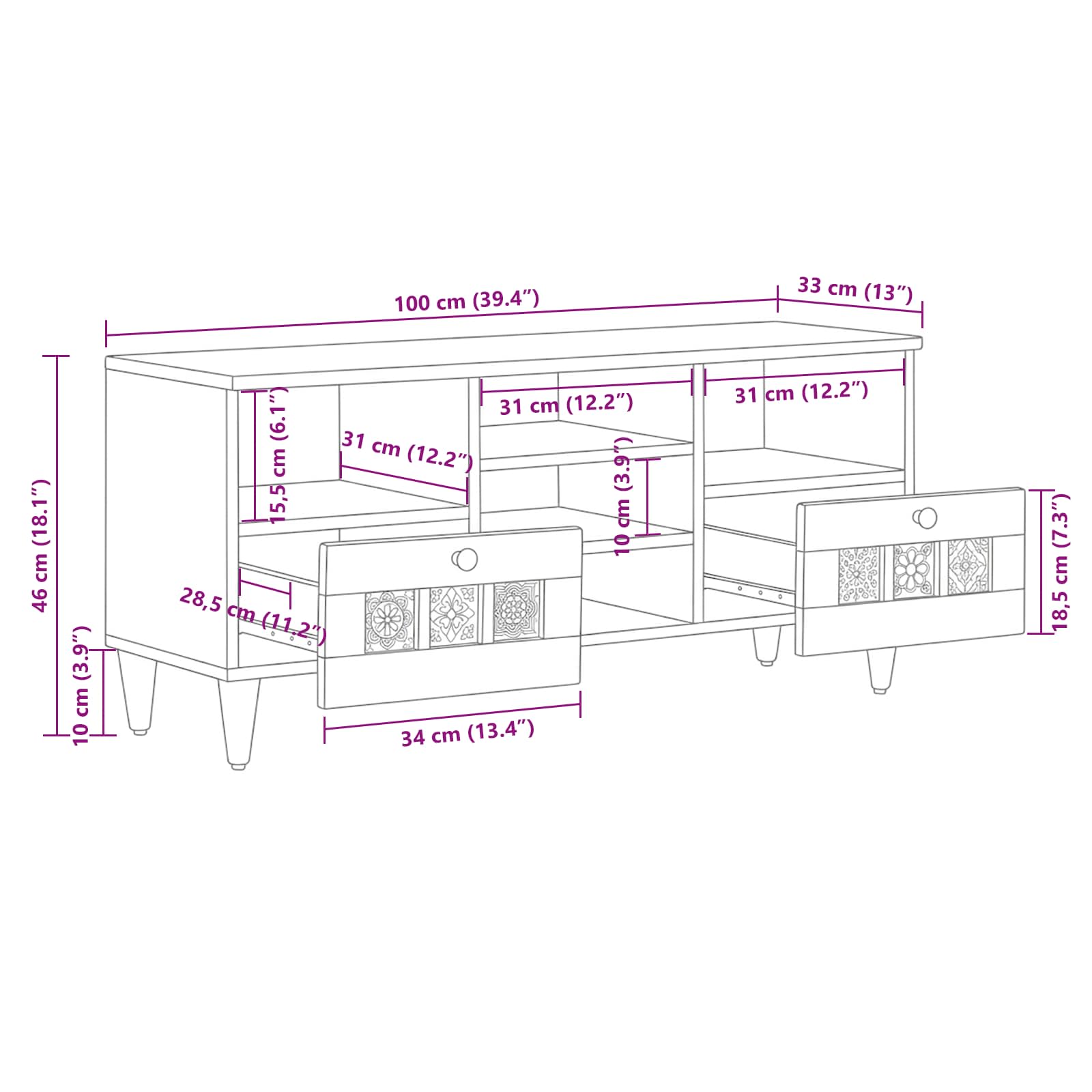 Mobile TV Naturale 100 x 33 x 46 cm Legno di mango massello | homemem39