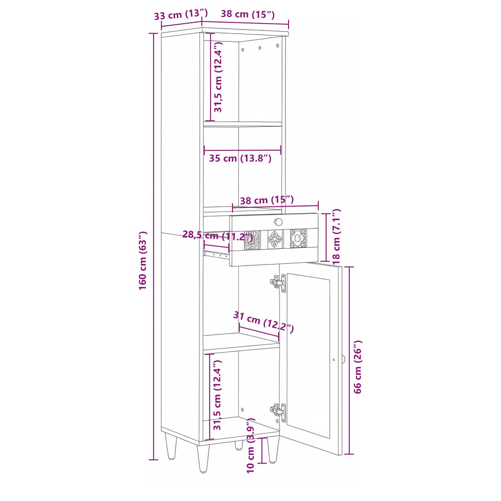 Mobile da Bagno con cassetto Naturale 38 x 33 x 160 cm | homemem39