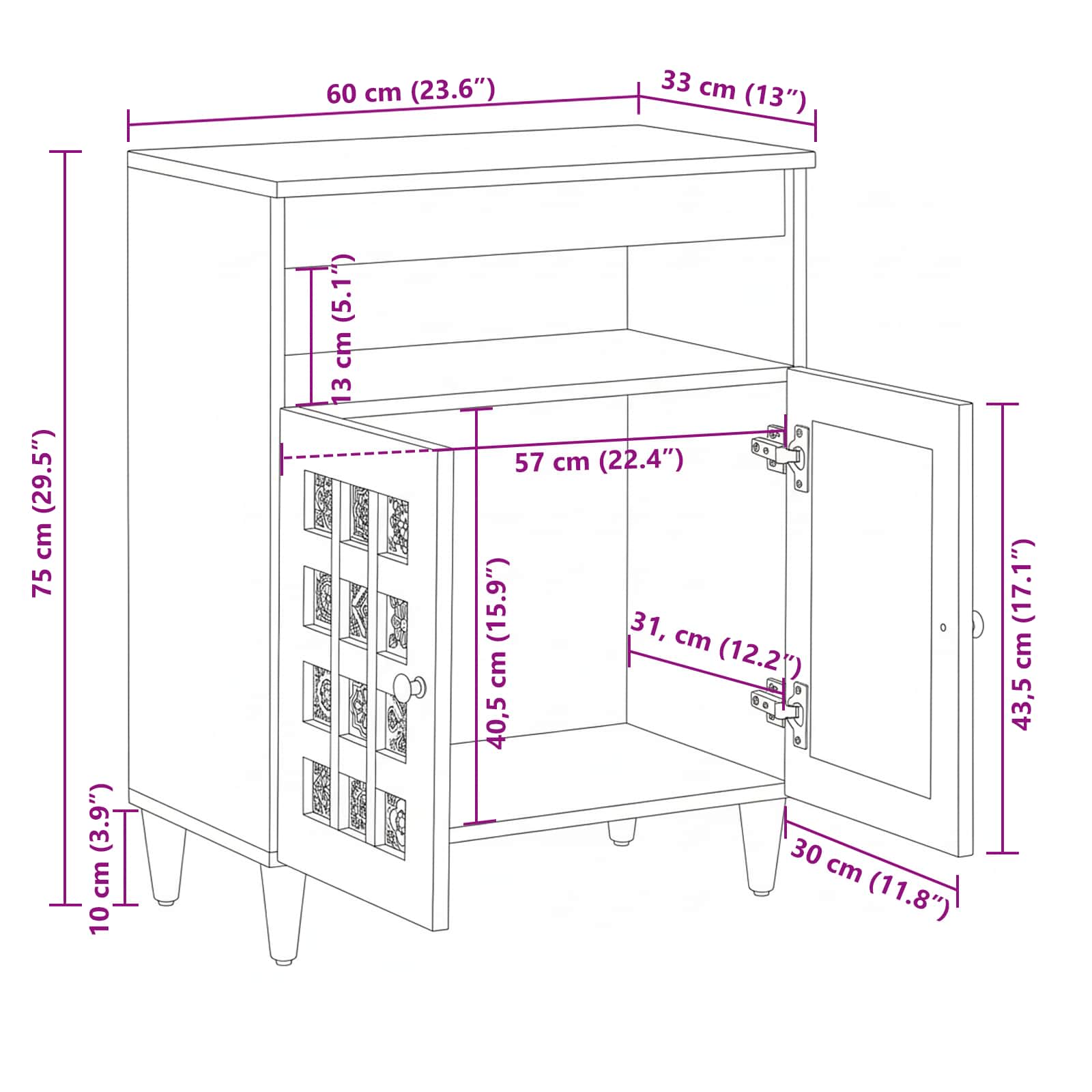 Credenza Naturale 60 x 33,5 x 75 cm Legno di mango massello | homemem39