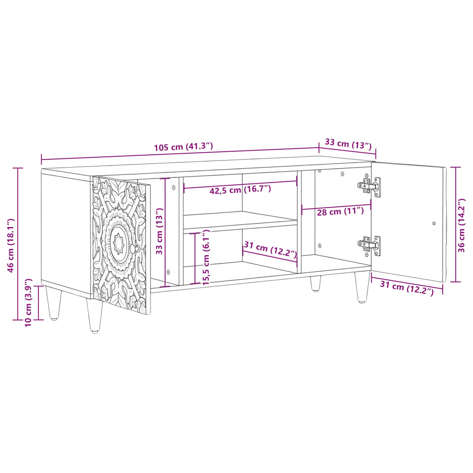 Mobile TV Marrone 105 x 33,5 x 46 cm Legno di mango massello | homemem39