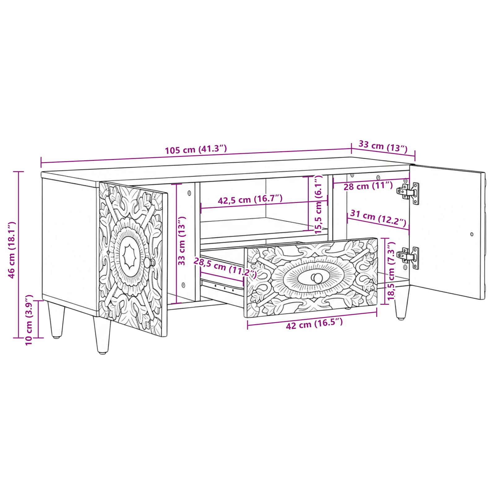 Mobile TV Marrone 105 x 33,5 x 46 cm Legno di mango massello | homemem39