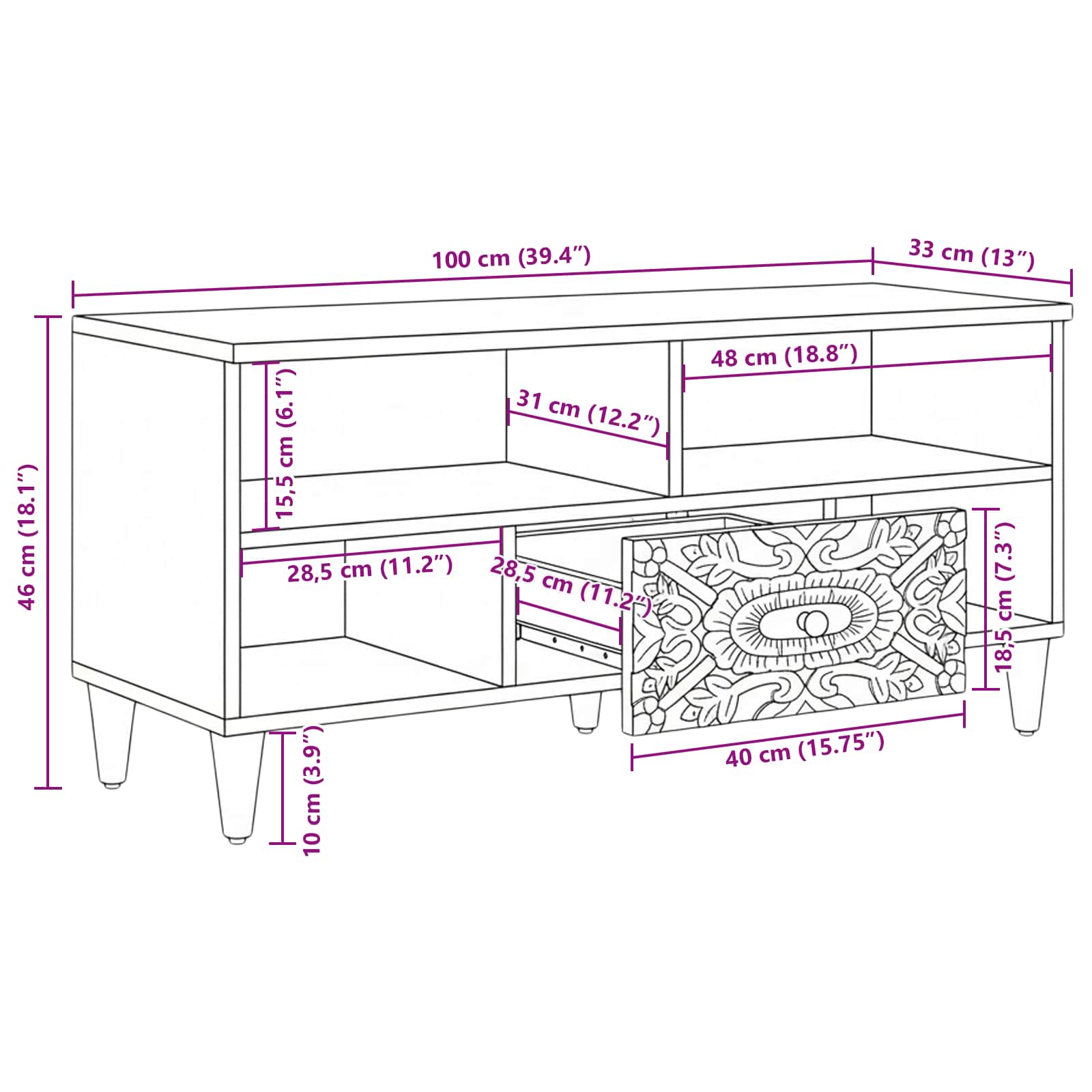 Mobile TV Marrone 100 x 33,5 x 46 cm Legno di mango massello | homemem39