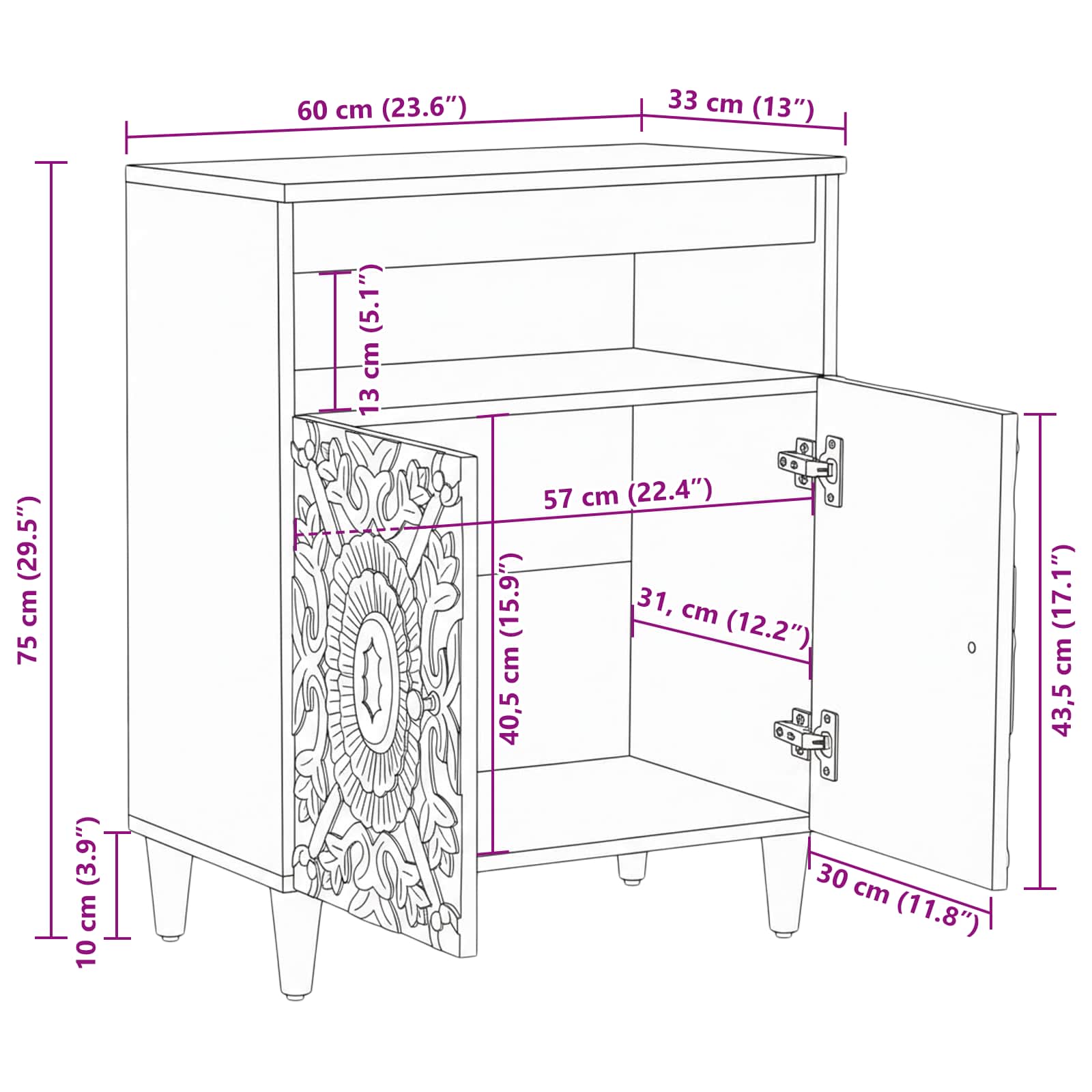 Credenza Marrone 60 x 33,5 x 75 cm Legno di mango massello | homemem39