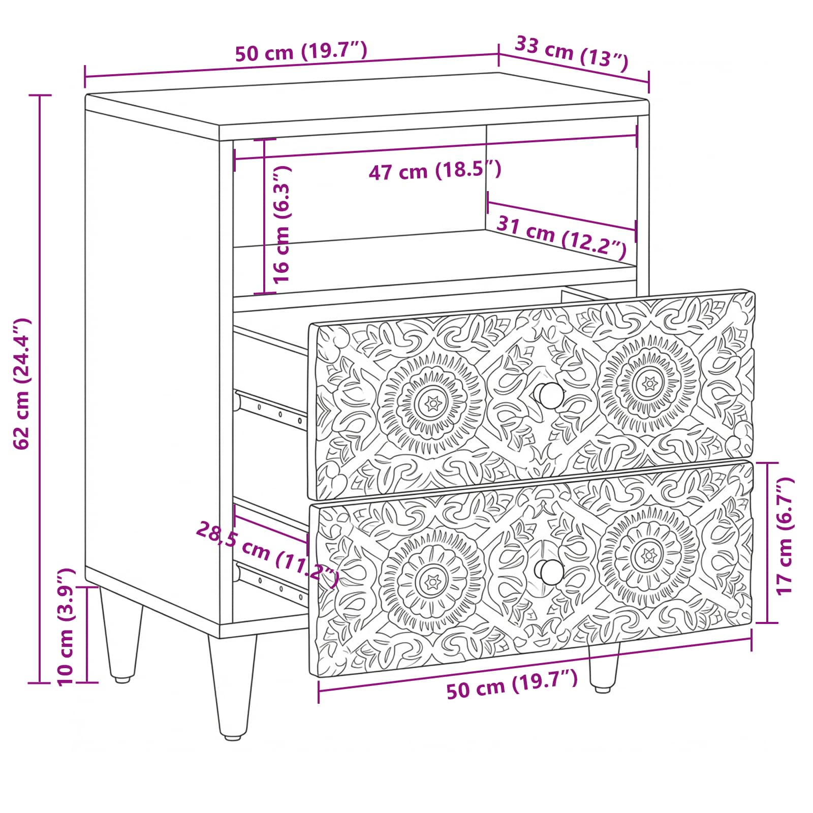 Mobiletto da Letto con cassetto Bianco 50 x 33 x 60 cm | homemem39