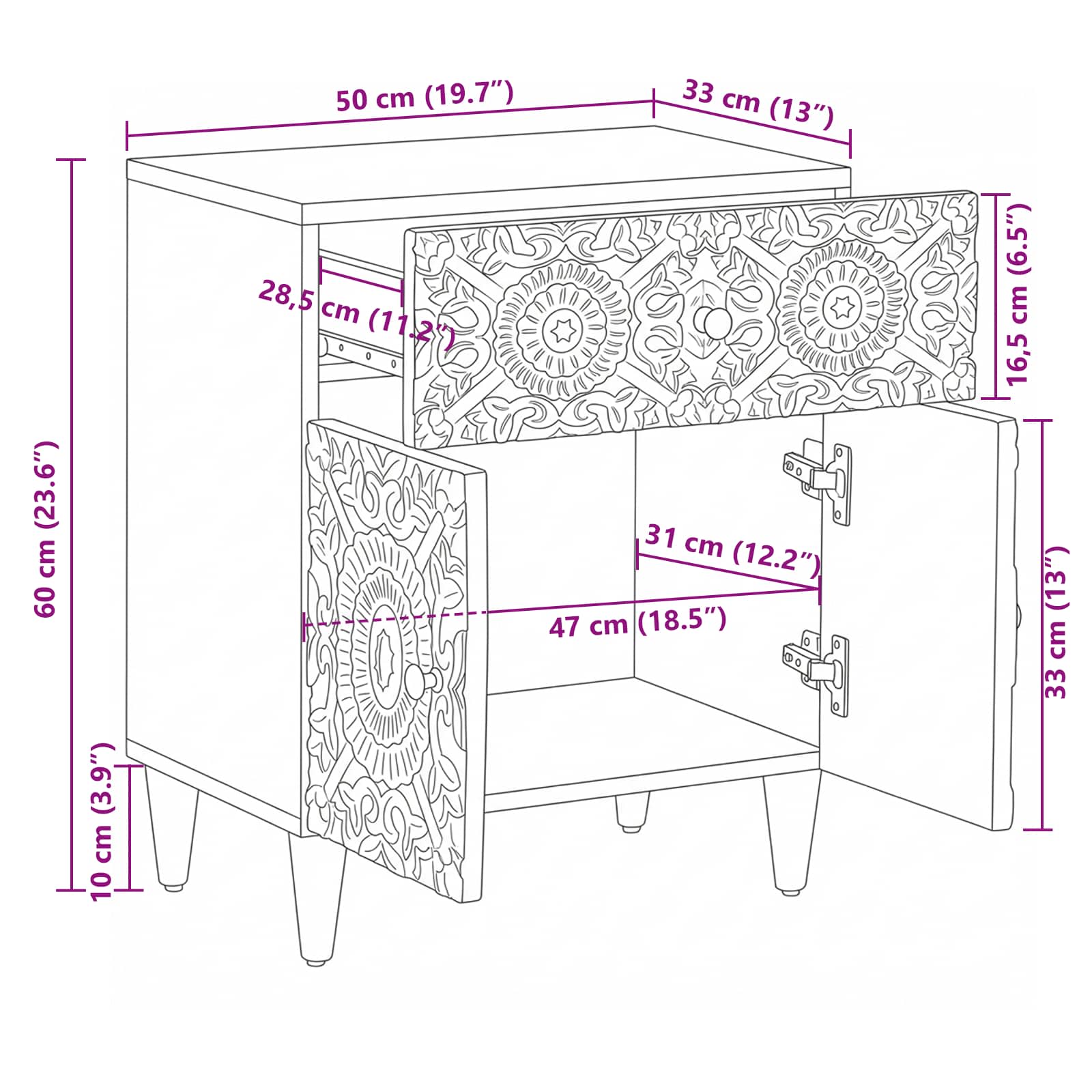 Mobiletto da Letto con cassetto Bianco 50 x 33 x 60 cm | homemem39