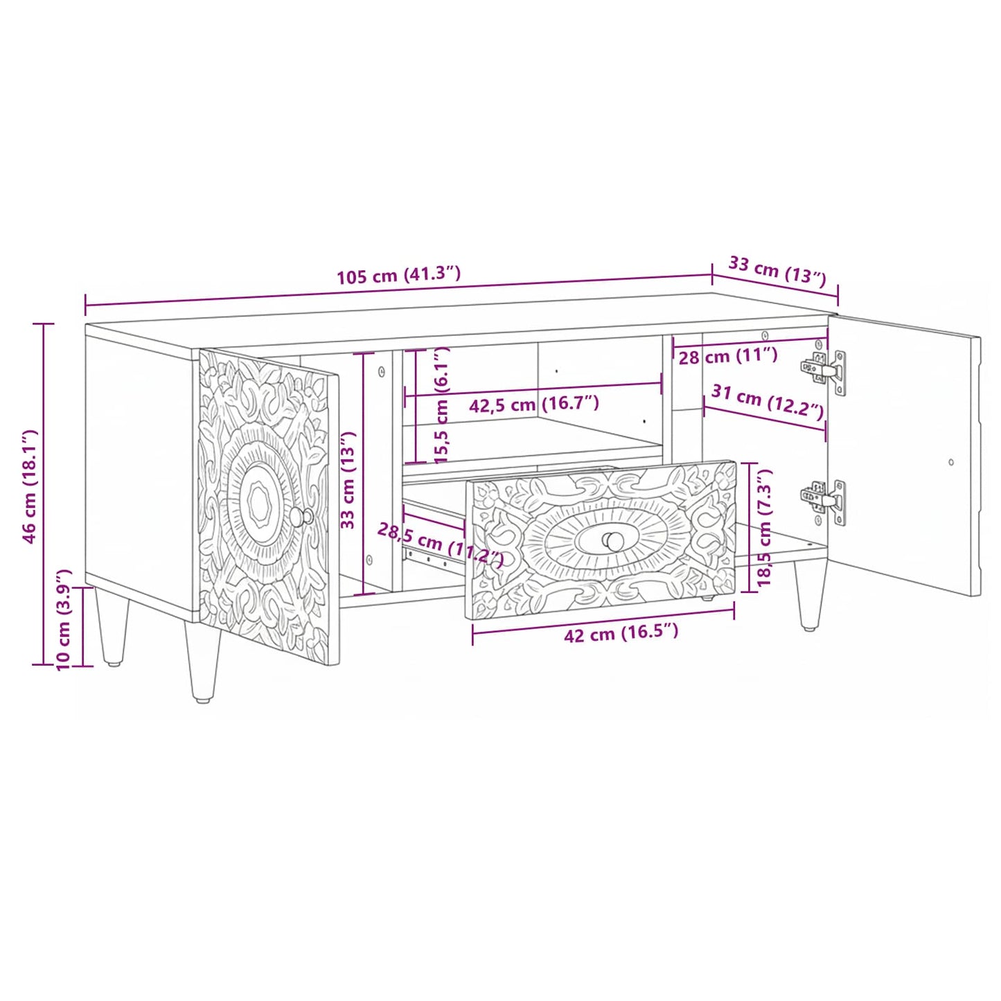 Mobile TV Bianco 105 x 33,5 x 46 cm Legno di mango massello | homemem39
