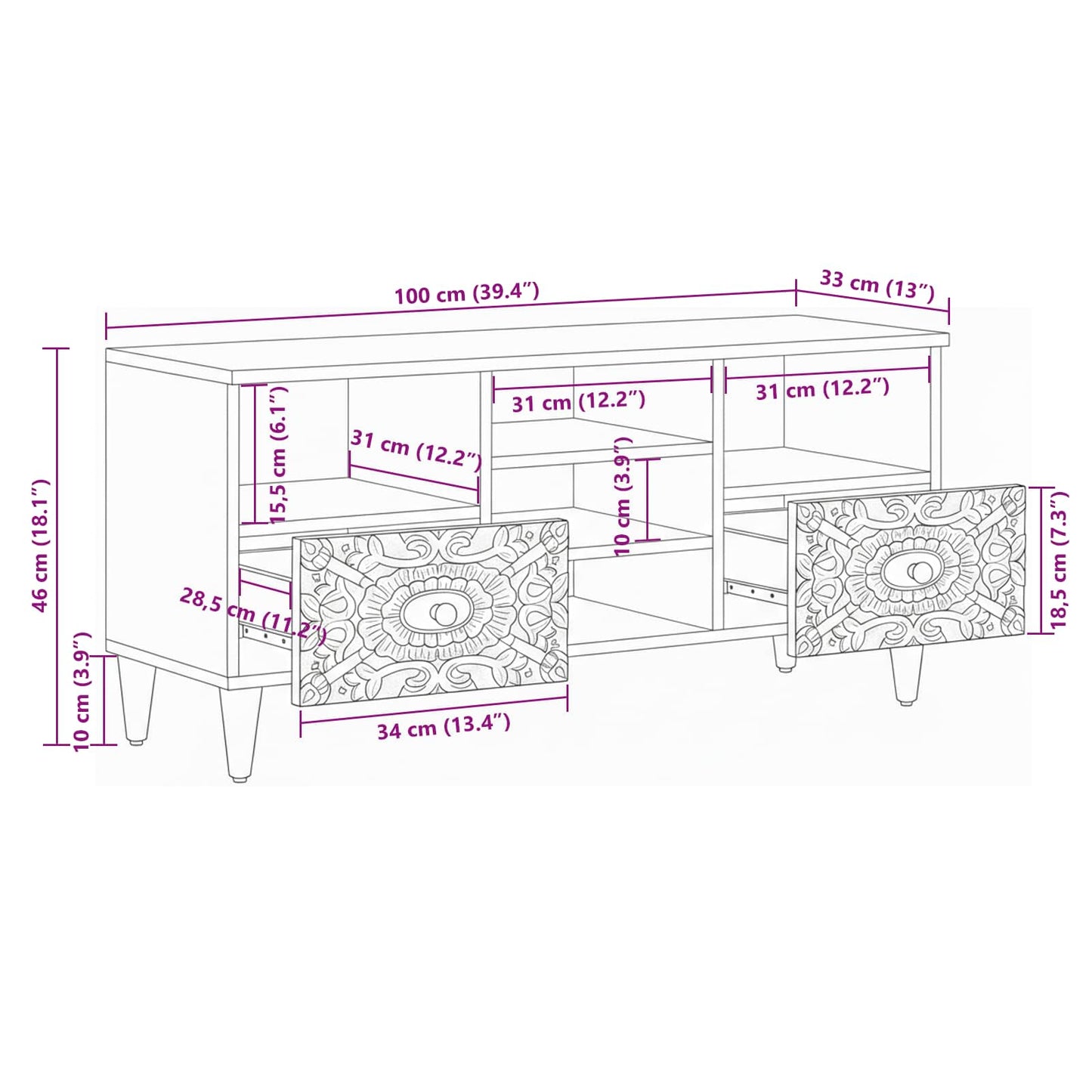 Mobile TV Bianco 100 x 33,5 x 46 cm Legno di mango massello | homemem39