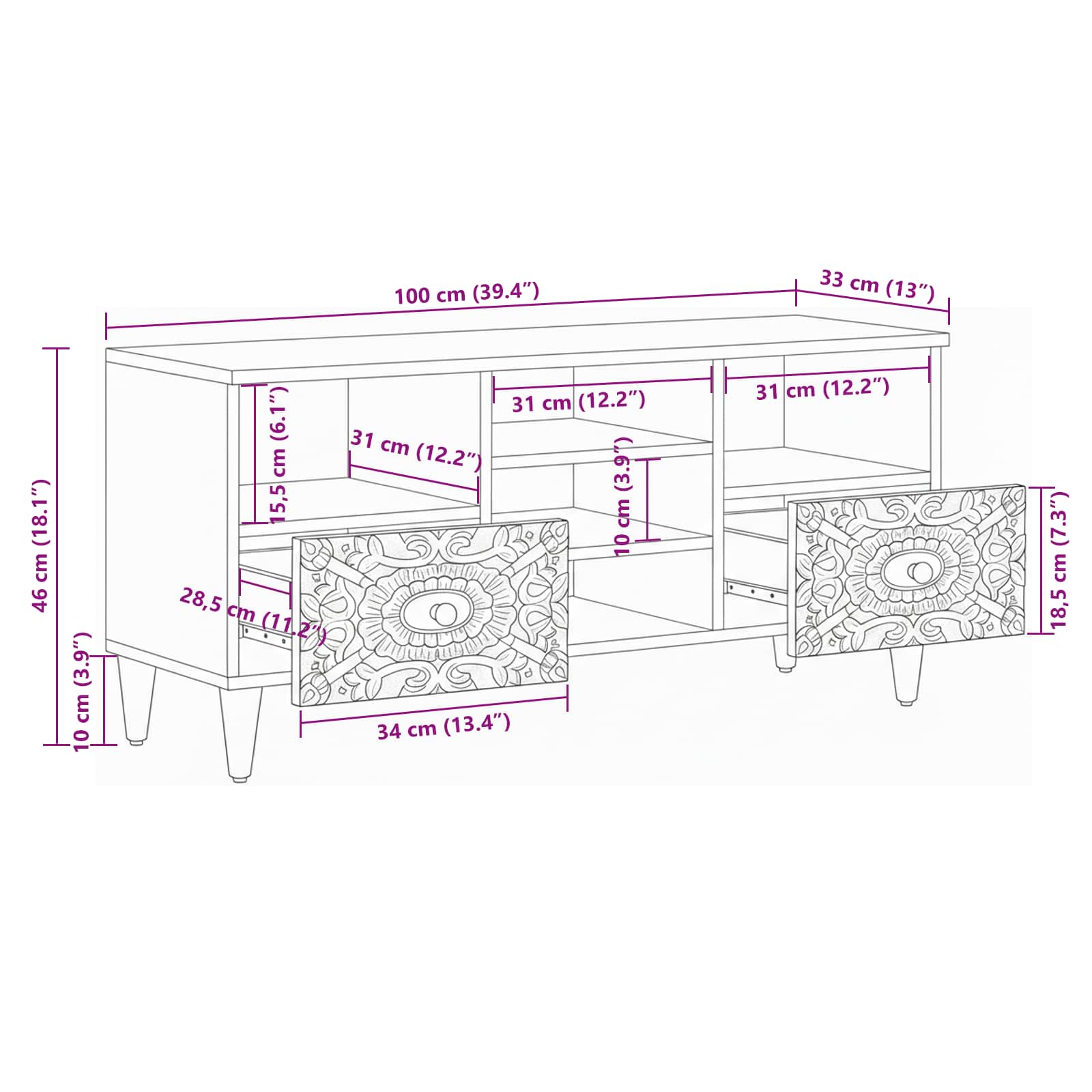 Mobile TV Bianco 100 x 33,5 x 46 cm Legno di mango massello | homemem39