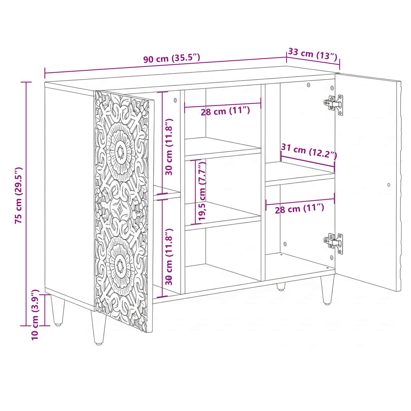 Credenza Bianco 90 x 33,5 x 75 cm Legno di mango massello | homemem39