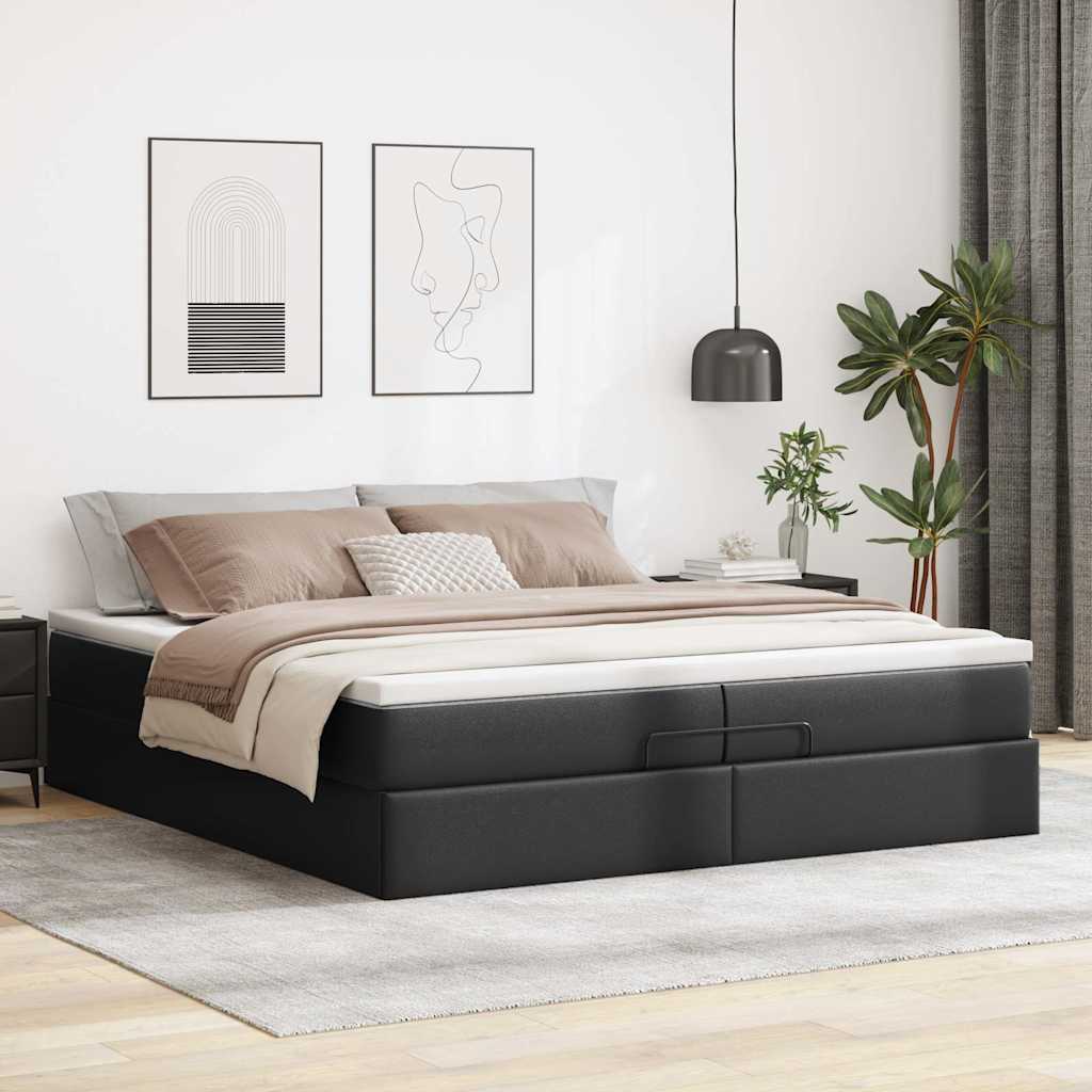 Struttura Letto Pouf con Materassi Nero 200x200 cm Similpelle