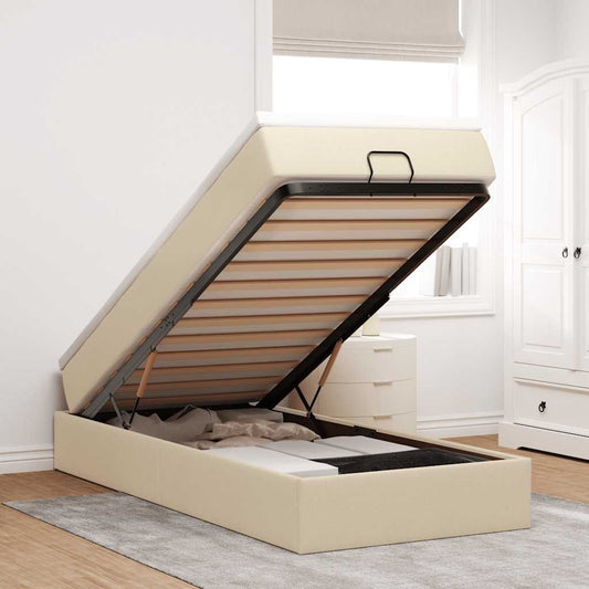 Struttura Letto Pouf con Materasso Crema 90x190 cm in Tessuto