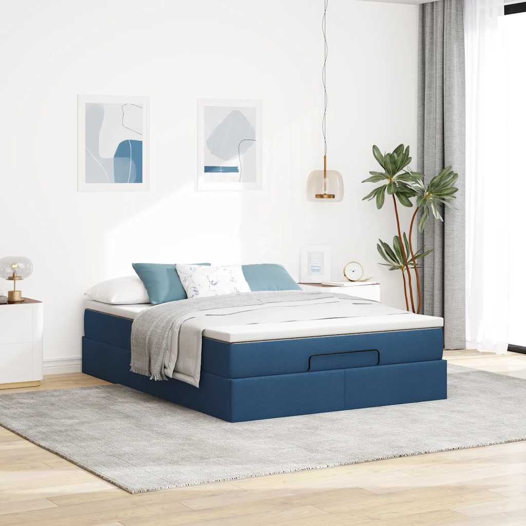 Struttura Letto Pouf con Materasso Blu 140x190 cm in Tessuto | homemem39