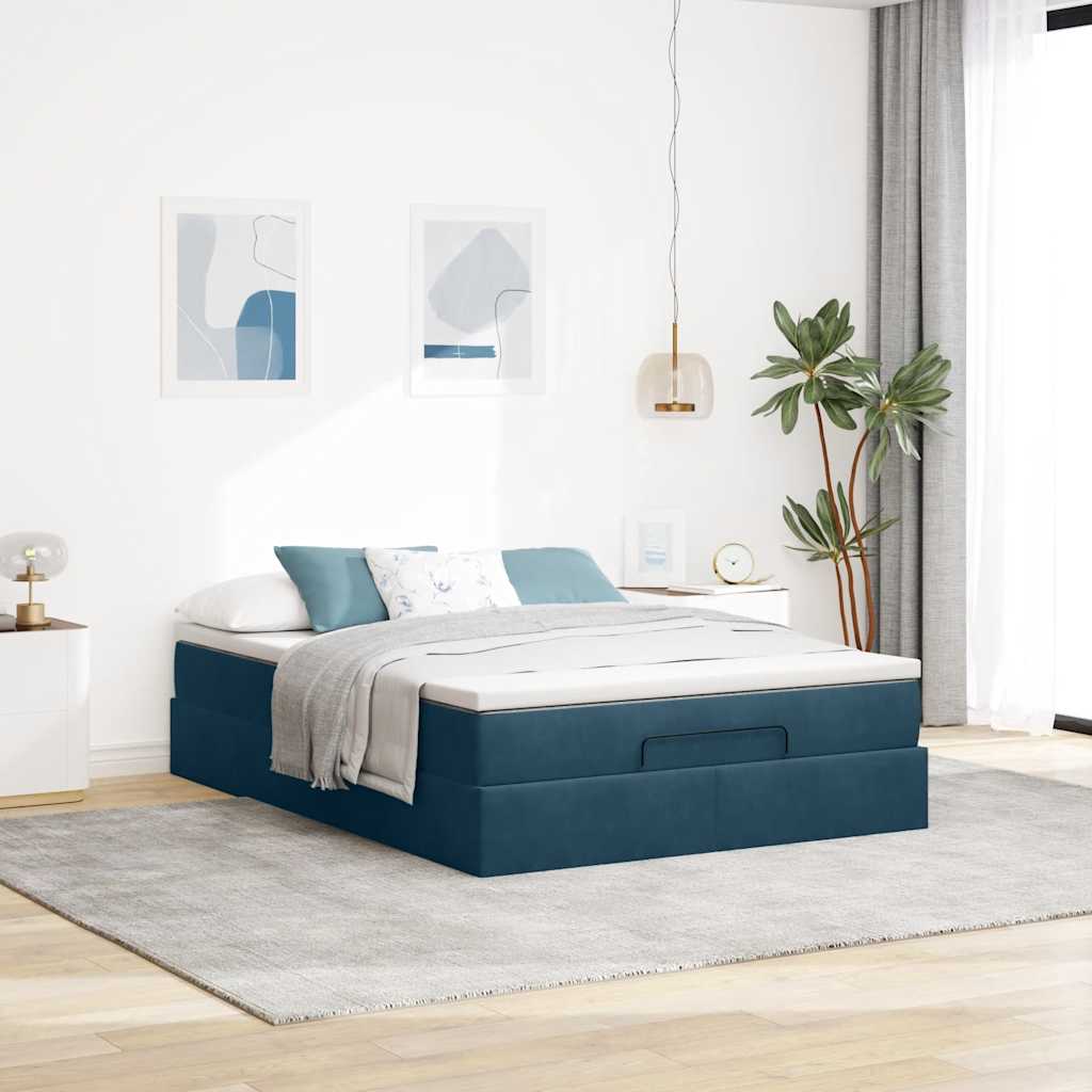 Struttura Letto Pouf con Materasso Blu 140x200cm in Velluto