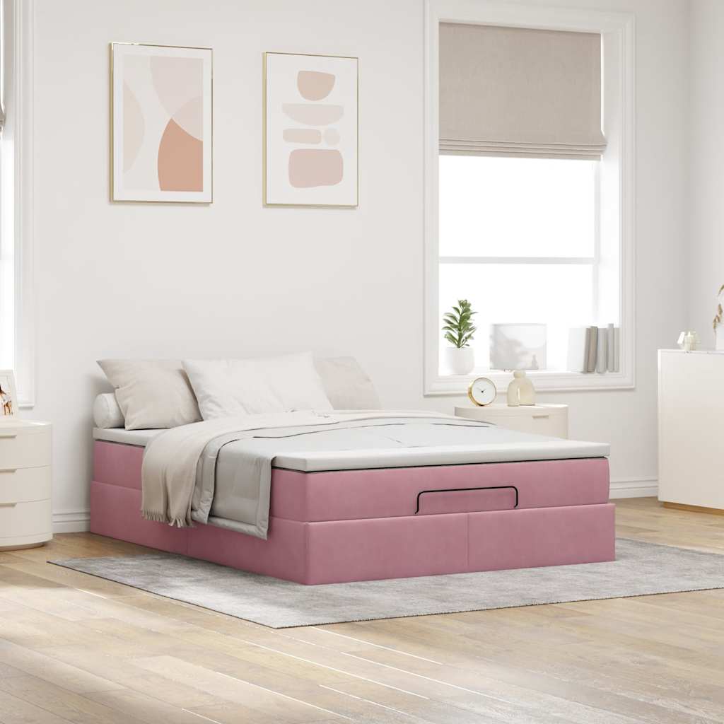 Struttura Letto Pouf con Materasso Rosa 140x200 cm in Velluto - homemem39