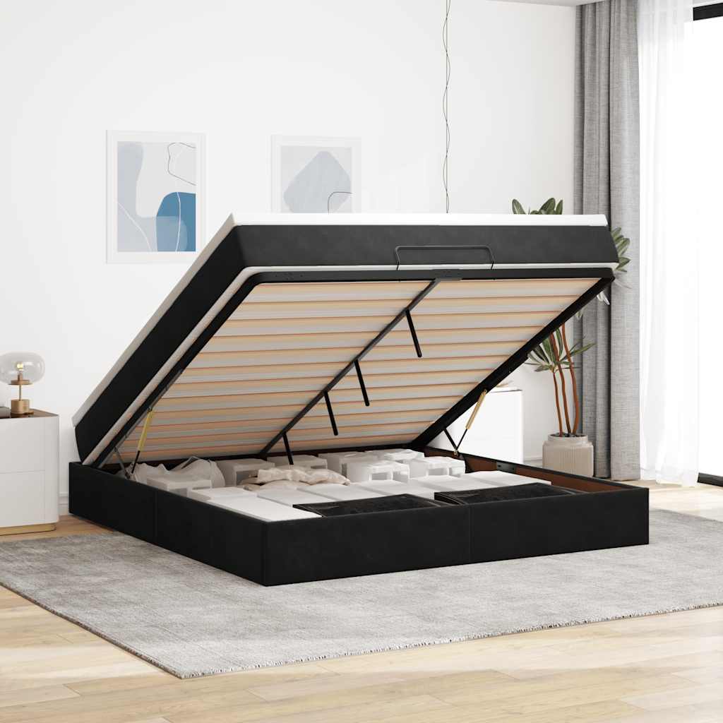 Struttura Letto Pouf con Materasso Nero 160x200 cm in Velluto