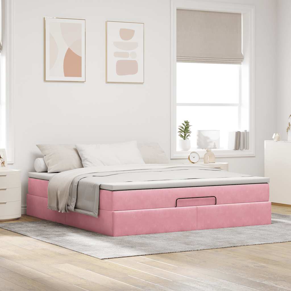 Struttura Letto Pouf con Materasso Rosa 160x200 cm in Velluto | homemem39