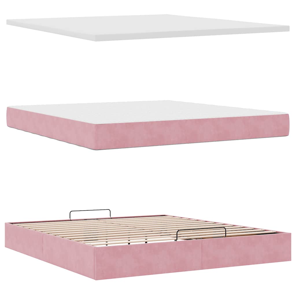 Struttura Letto Pouf con Materasso Rosa 160x200 cm in Velluto | homemem39