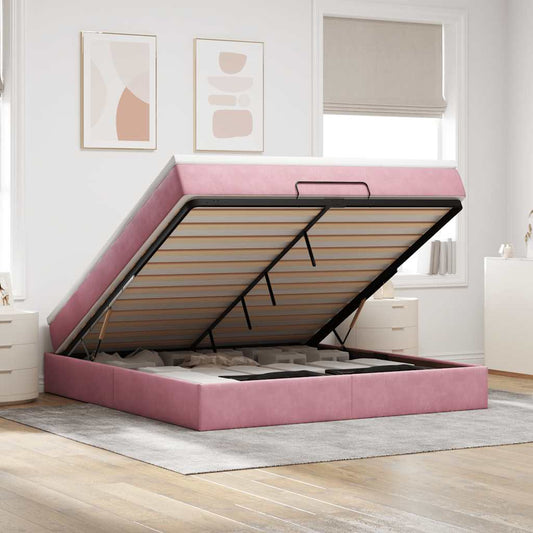 Struttura Letto Pouf con Materasso Rosa 160x200 cm in Velluto | homemem39