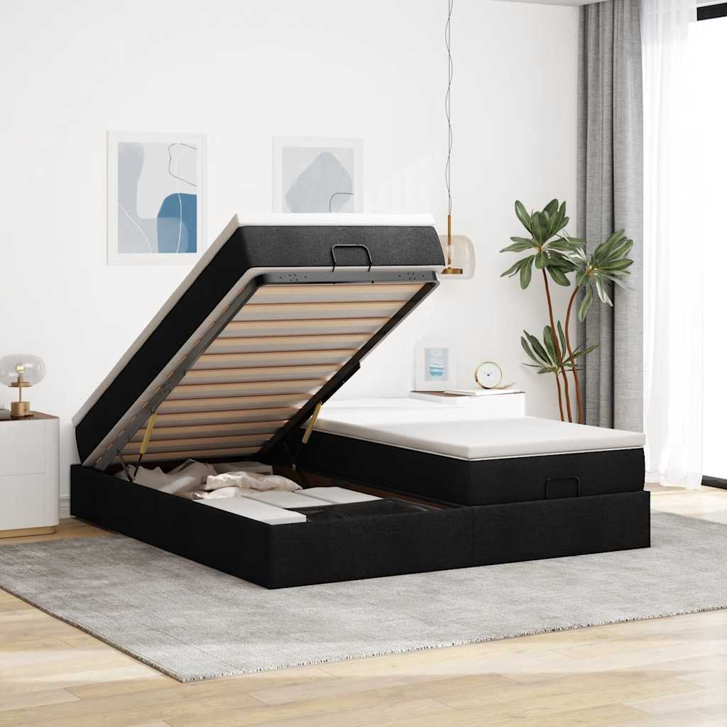 Struttura Letto Pouf con Materassi Nero 160x200 cm in Tessuto
