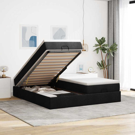 Struttura Letto Pouf con Materassi Nero 160x200 cm in Tessuto