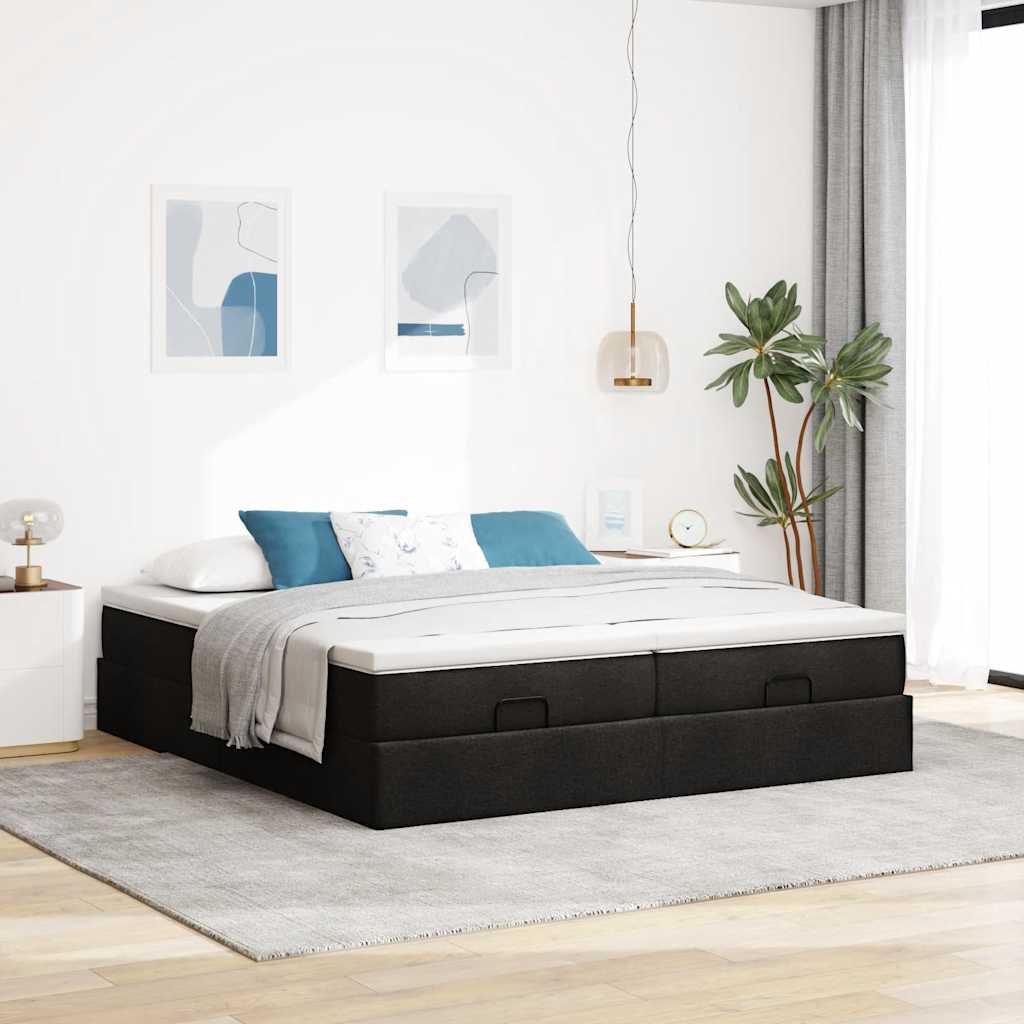 Struttura Letto Pouf con Materassi Nero 200x200 cm in Tessuto