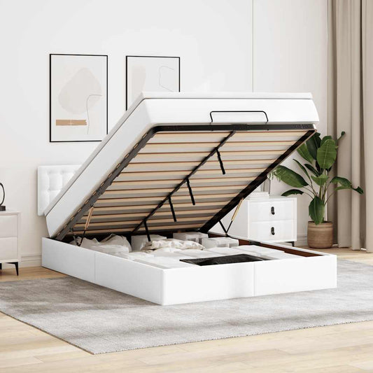 Struttura Letto Pouf con Materasso Bianco 140x190 cm Similpelle