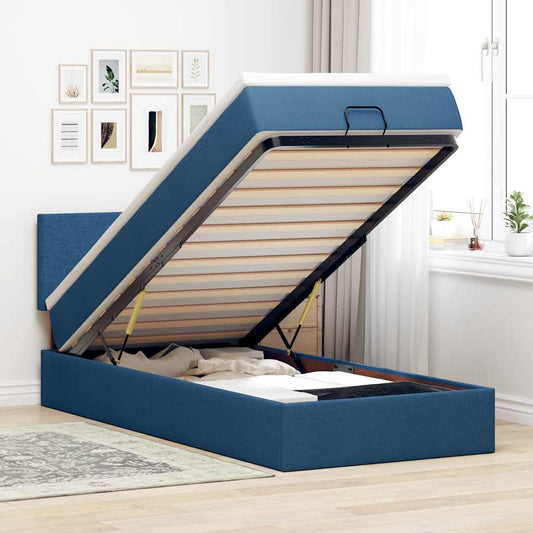 Struttura Letto Pouf con Materasso Blu 90x190 cm in Tessuto