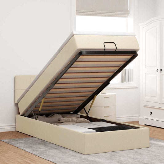 Pouf Letto con Materasso Crema 100x200 cm in Tessuto