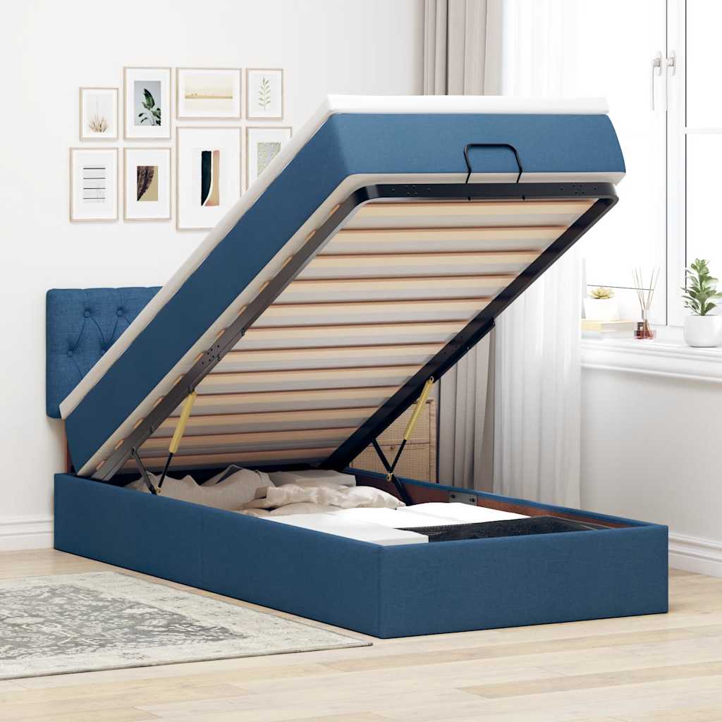 Struttura Letto Pouf con Materasso Blu 90x190 cm in Tessuto