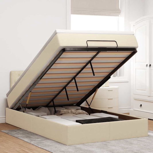 Struttura Letto Pouf con Materasso Crema 120x200 cm in Tessuto