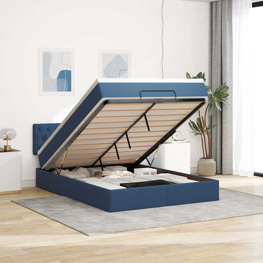 Struttura Letto Pouf con Materasso Blu 140x200cm in Tessuto