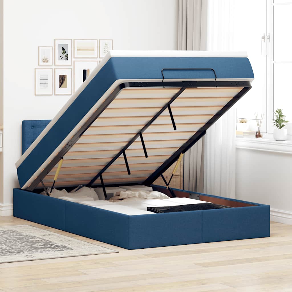 Struttura Letto Pouf con Materasso Blu 120x190 cm in Tessuto