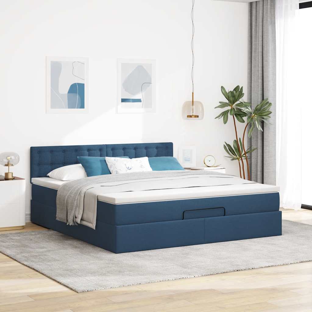Struttura Letto Pouf con Materasso Blu 160x200 cm in Tessuto | homemem39