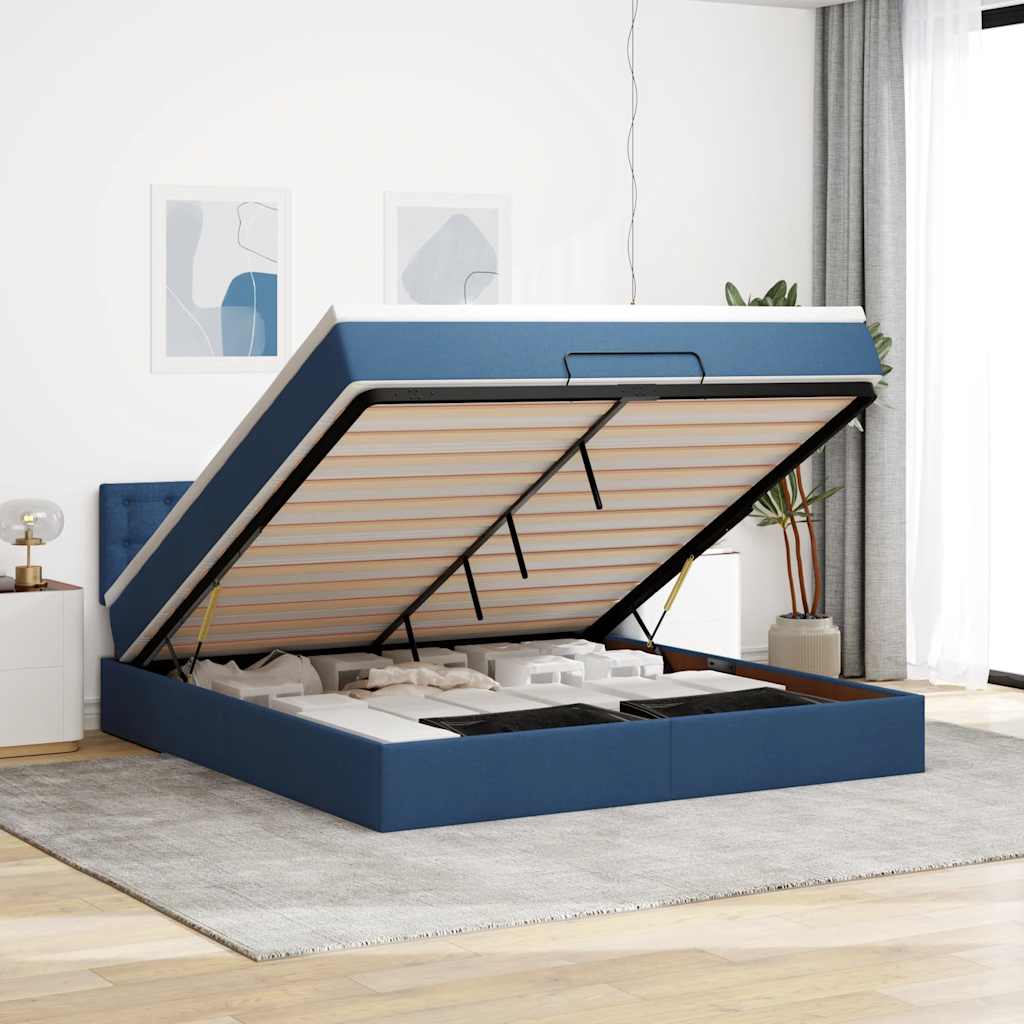 Struttura Letto Pouf con Materasso Blu 160x200 cm in Tessuto | homemem39