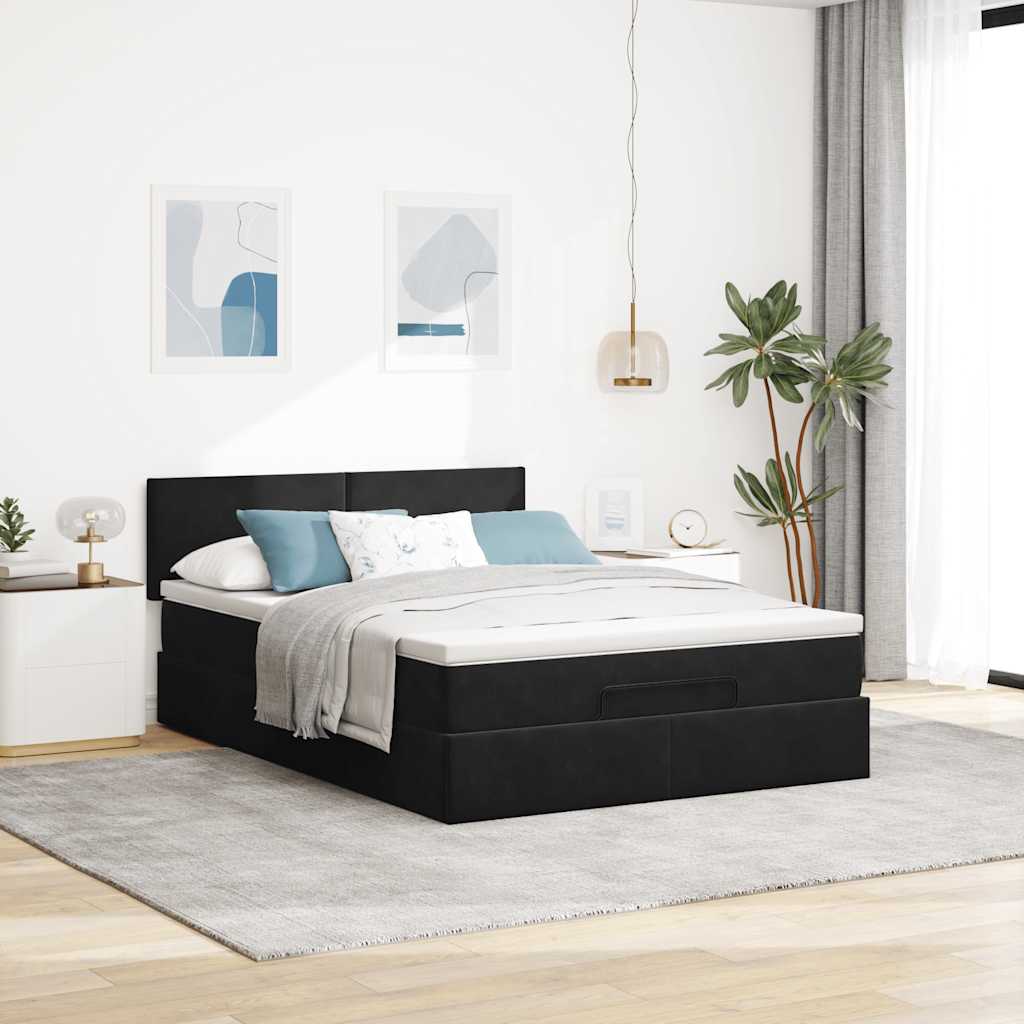 Struttura Letto Pouf con Materasso Nero 140x190 cm in Velluto | homemem39